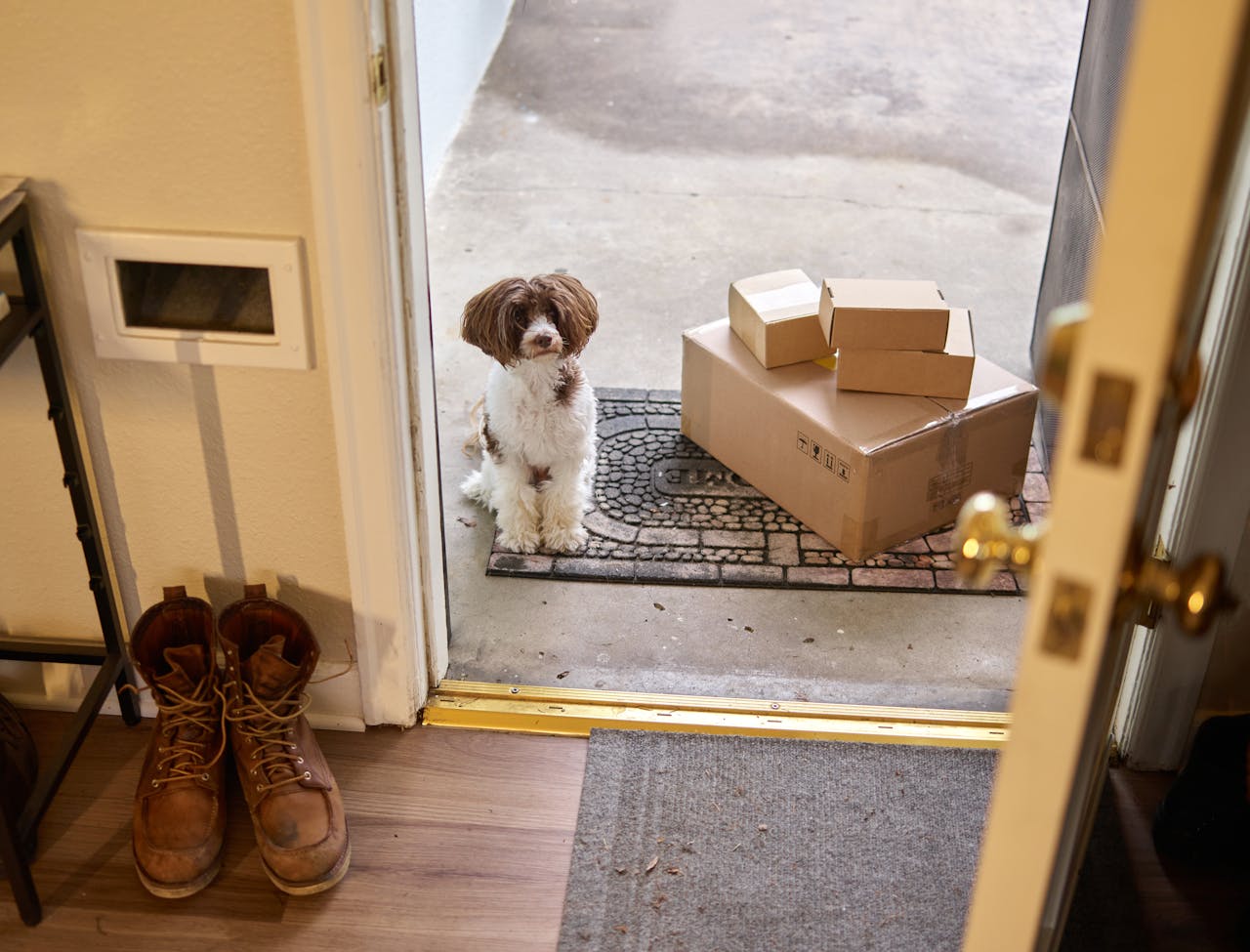 creative-03 Adorable dog waiting by the door with delivered packages on the welcome mat.