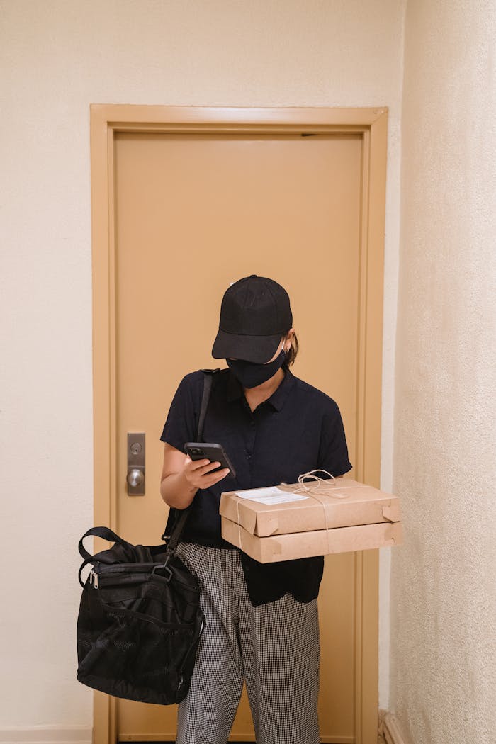 About Courier in a hallway delivering packages, checking phone. Wearing a cap, face mask, and carrying a bag.