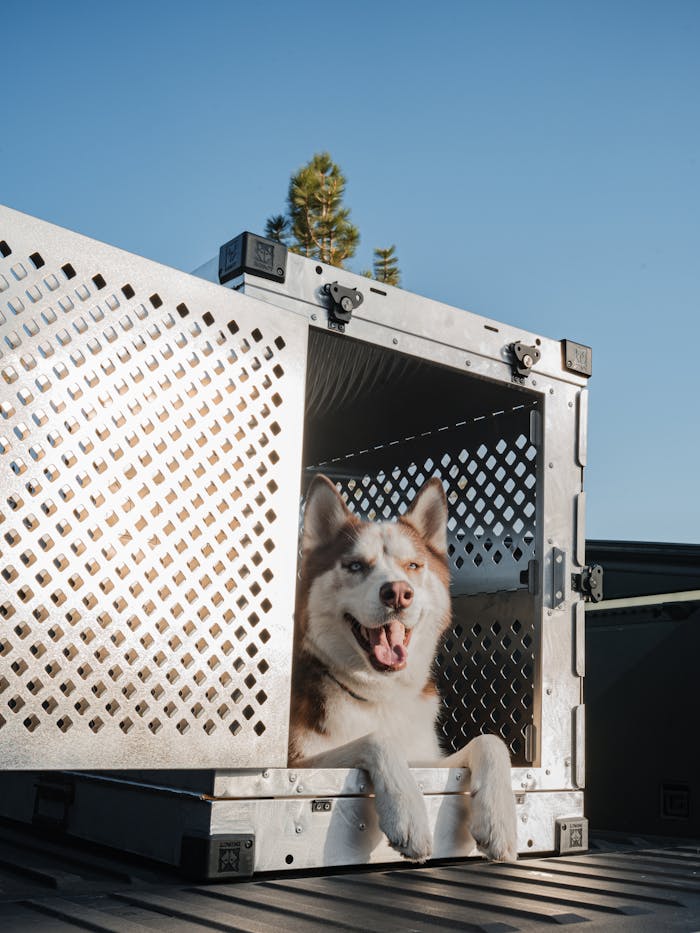 Happy Siberian Husky in a secure metal dog crate on a sunny day.